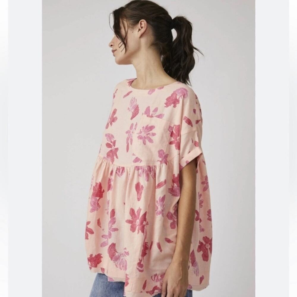 Free People Moon City Pink Floral Printed Linen Viscose Tee Small